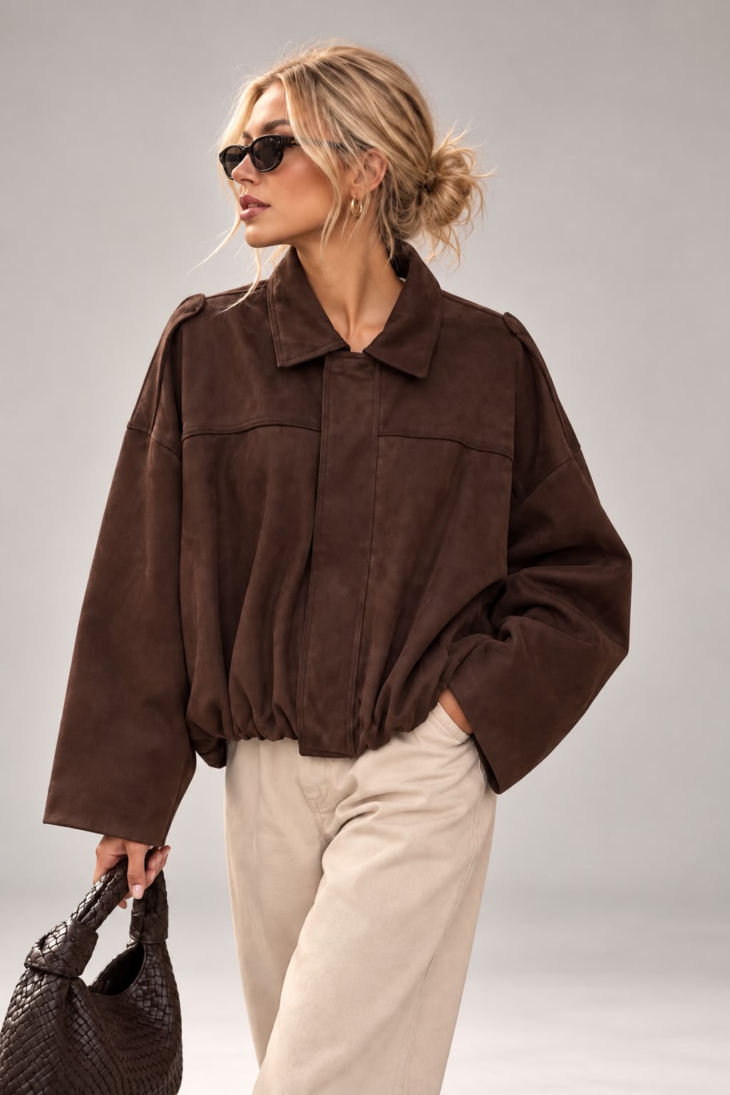 Women's Brown Faux Suede Cropped Jacket with Flip Collar