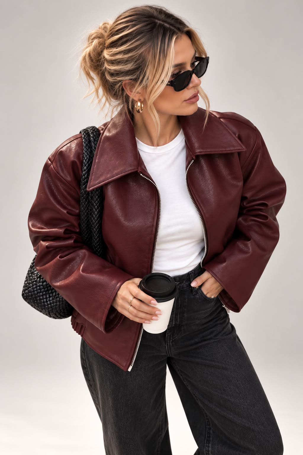 Women's Burgundy Cropped Faux Leather Jacket with Wide Collar