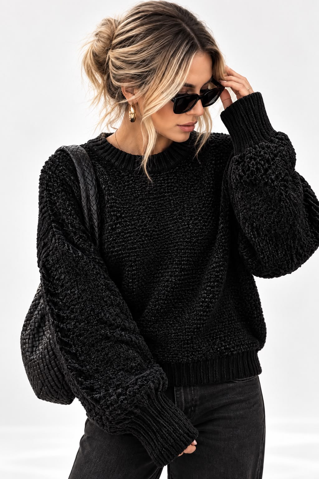 Women's Black Textured Round-Neck Pullover Sweater