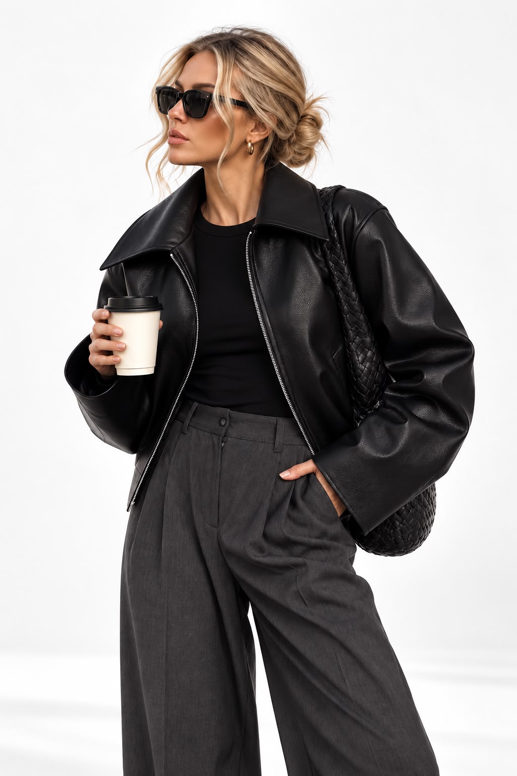 Women's Black Cropped Faux Leather Jacket with Wide Collar
