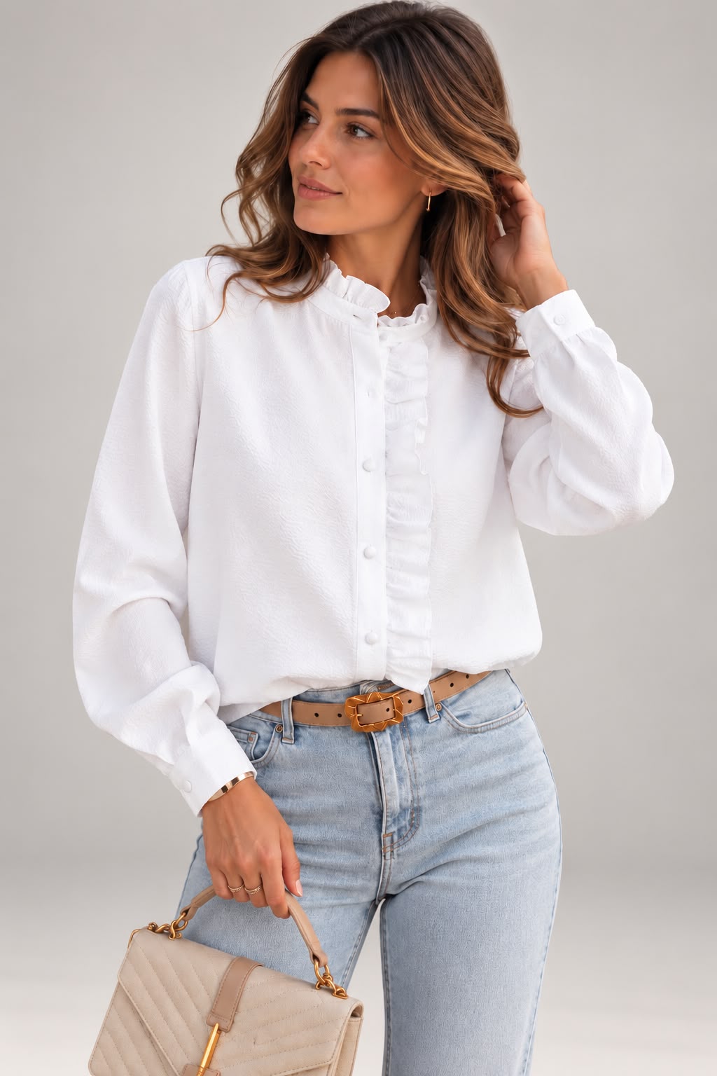 Women's White Ruffle Trim Button-Up Blouse