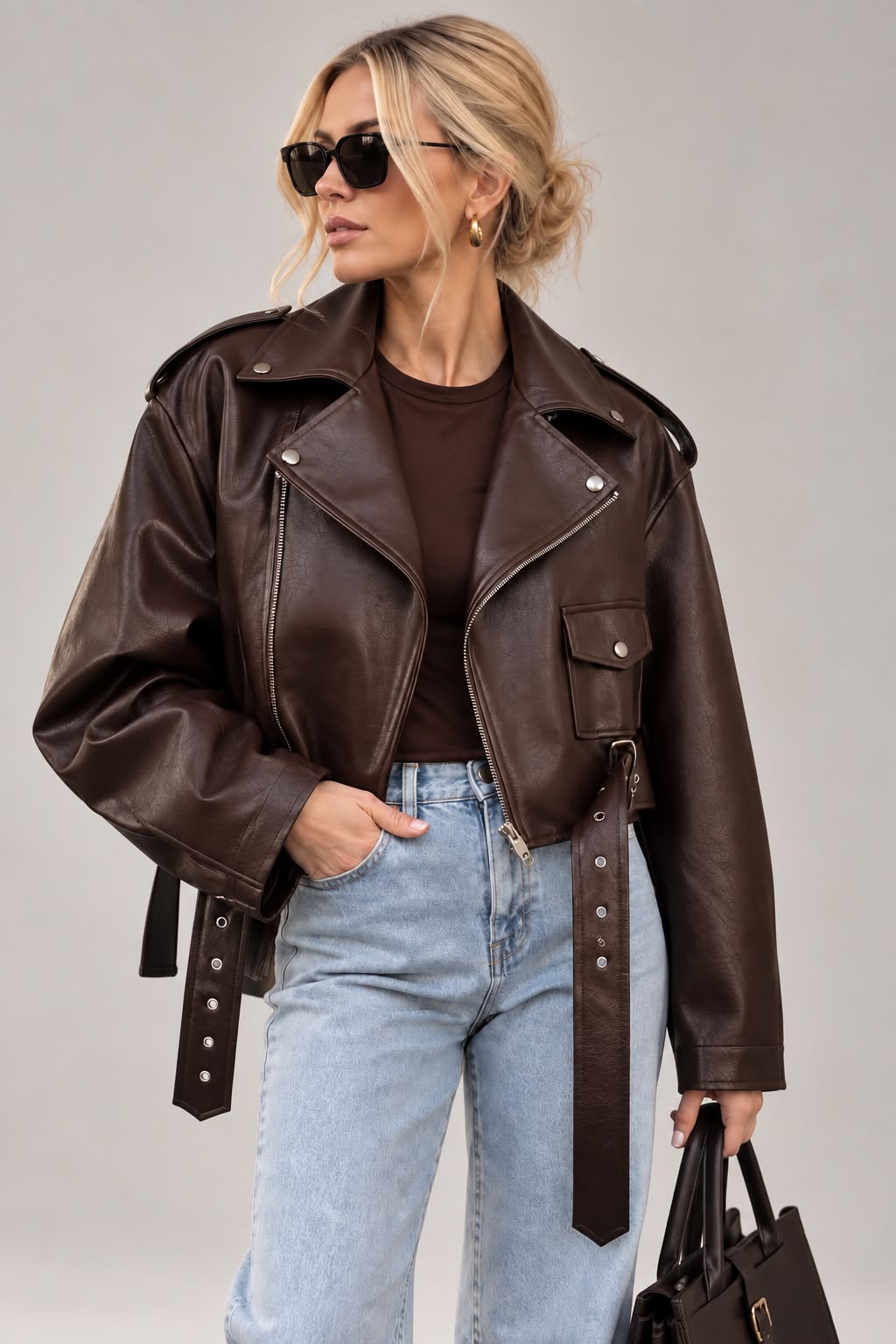 Women's Dark Brown Cropped Faux Leather Moto Jacket with Belt
