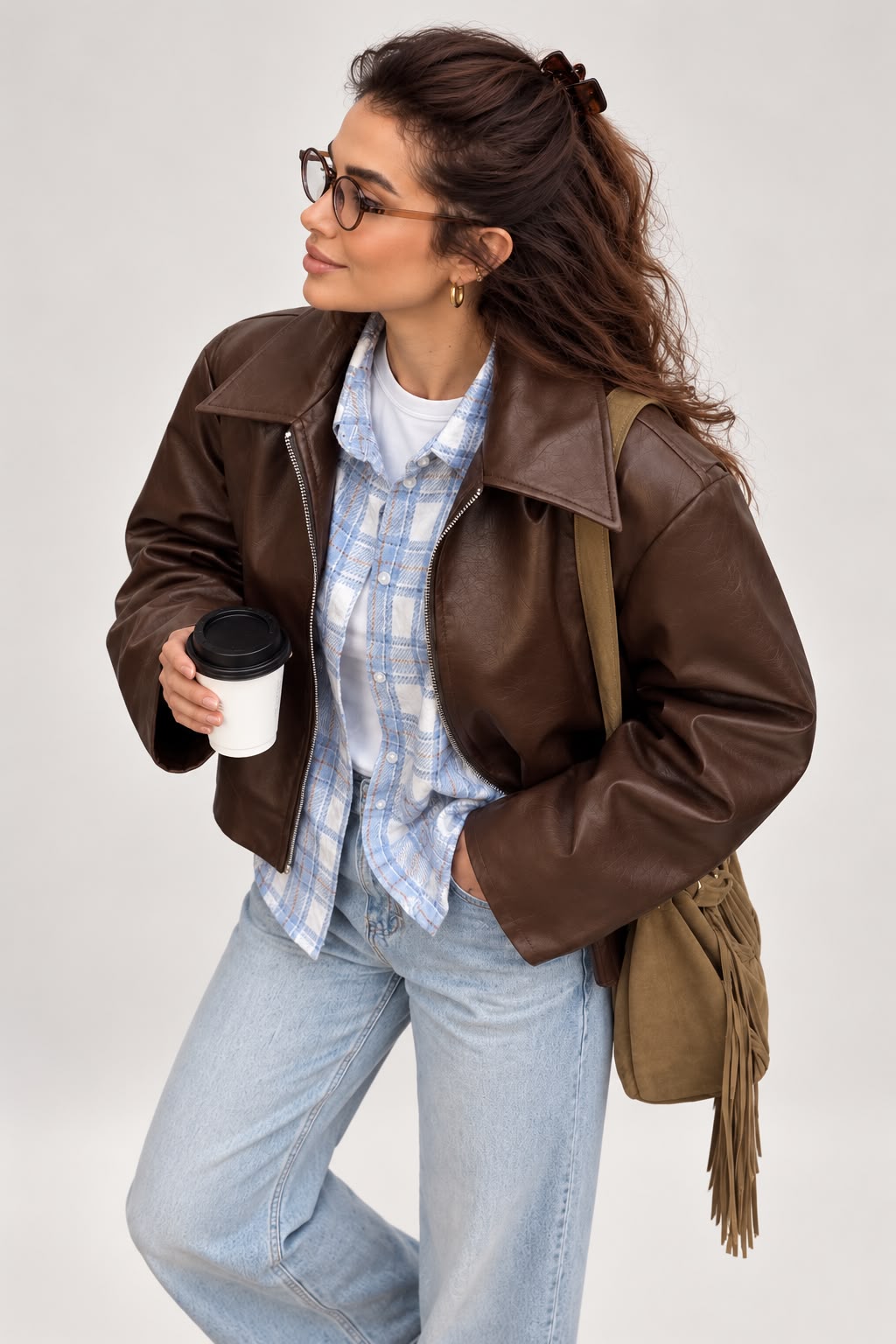 Women's Brown Cropped Faux Leather Jacket with Wide Collar