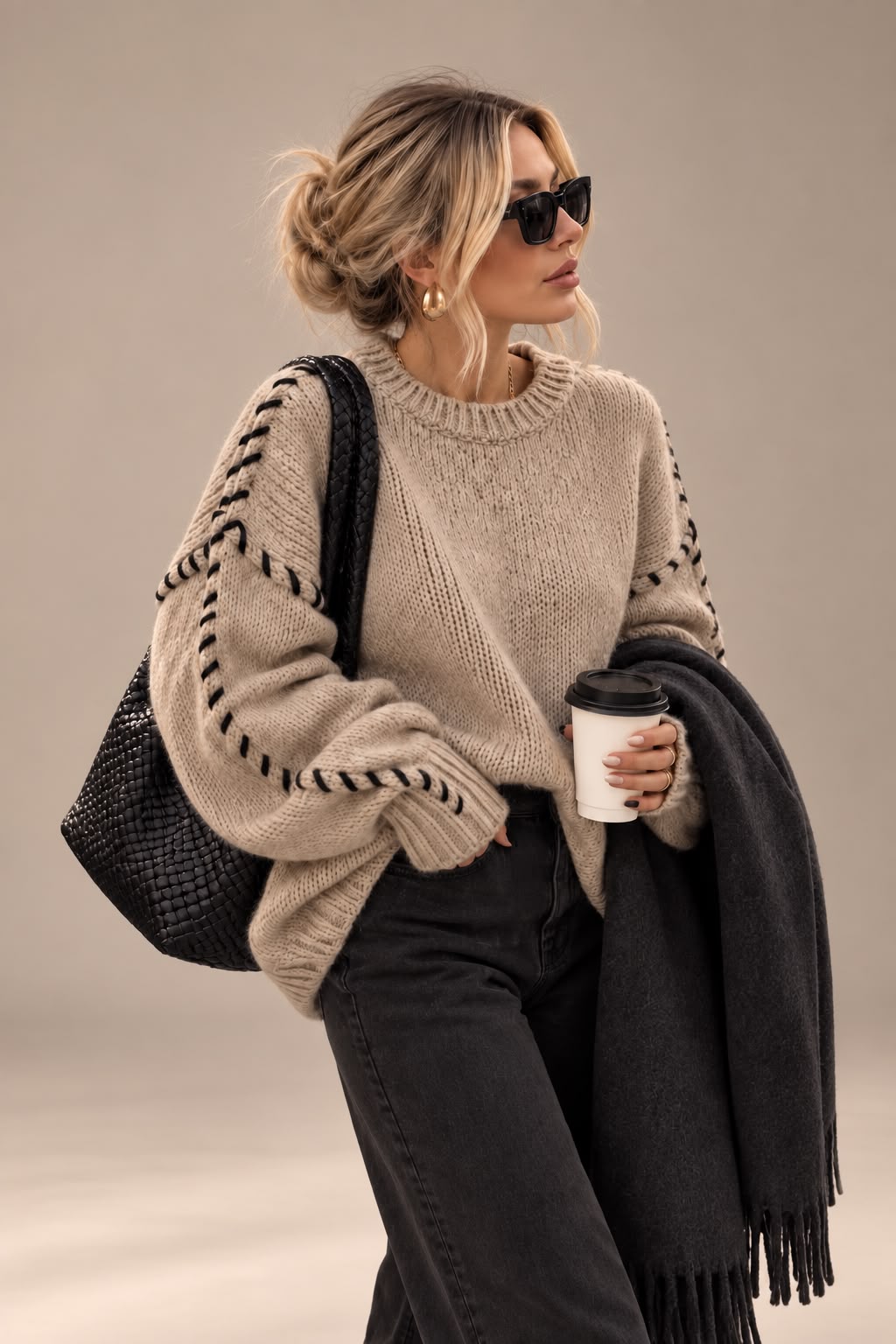 Women's Apricot Drawstring Round-Neck Pullover Sweater