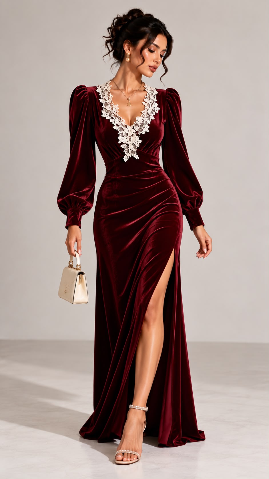 Women's Burgundy Velvet Maxi Dress with Lace V Neck
