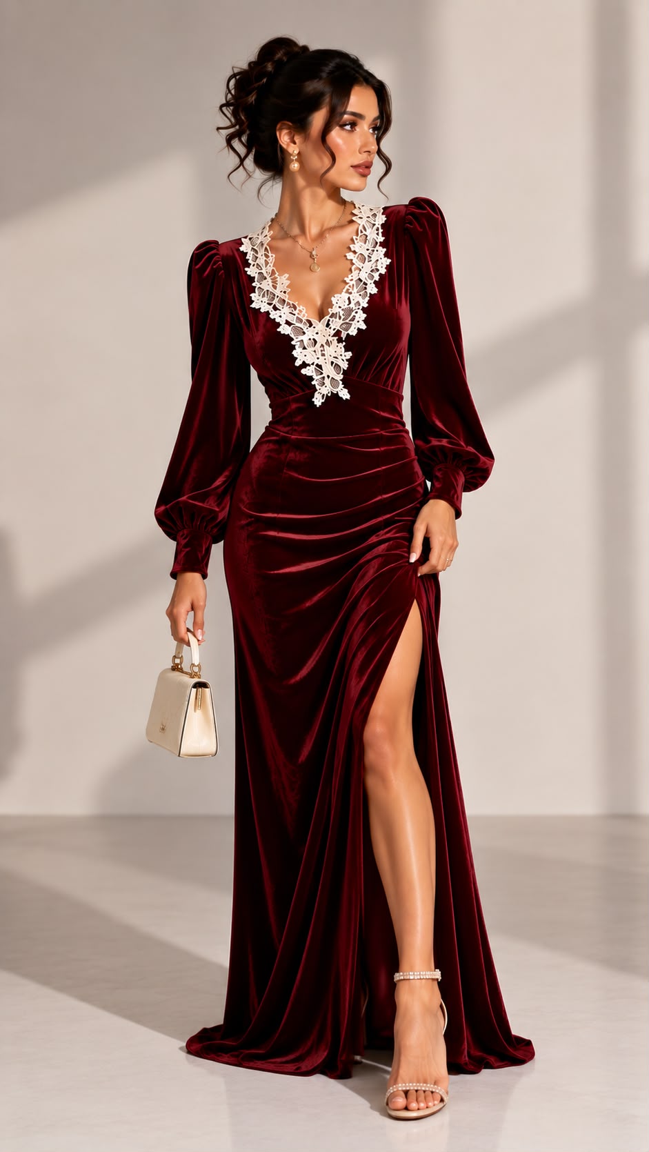 Women's Burgundy Velvet Maxi Dress with Lace V Neck