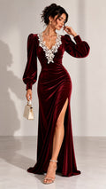 Women's Burgundy Velvet Maxi Dress with Lace V Neck