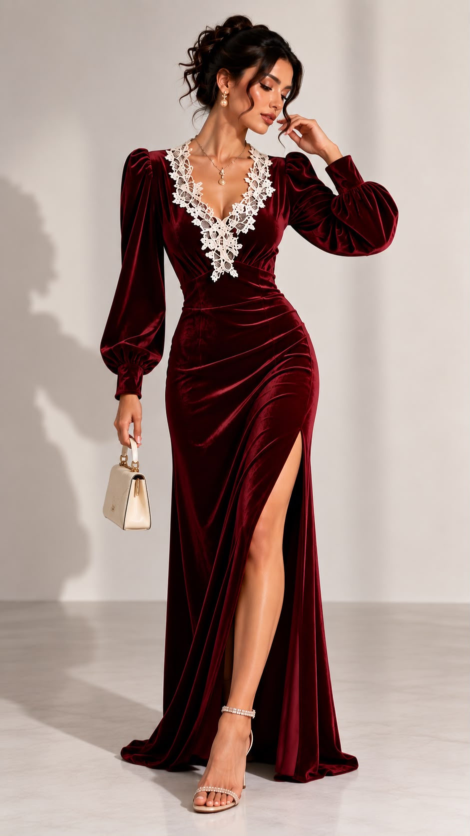 Women's Burgundy Velvet Maxi Dress with Lace V Neck