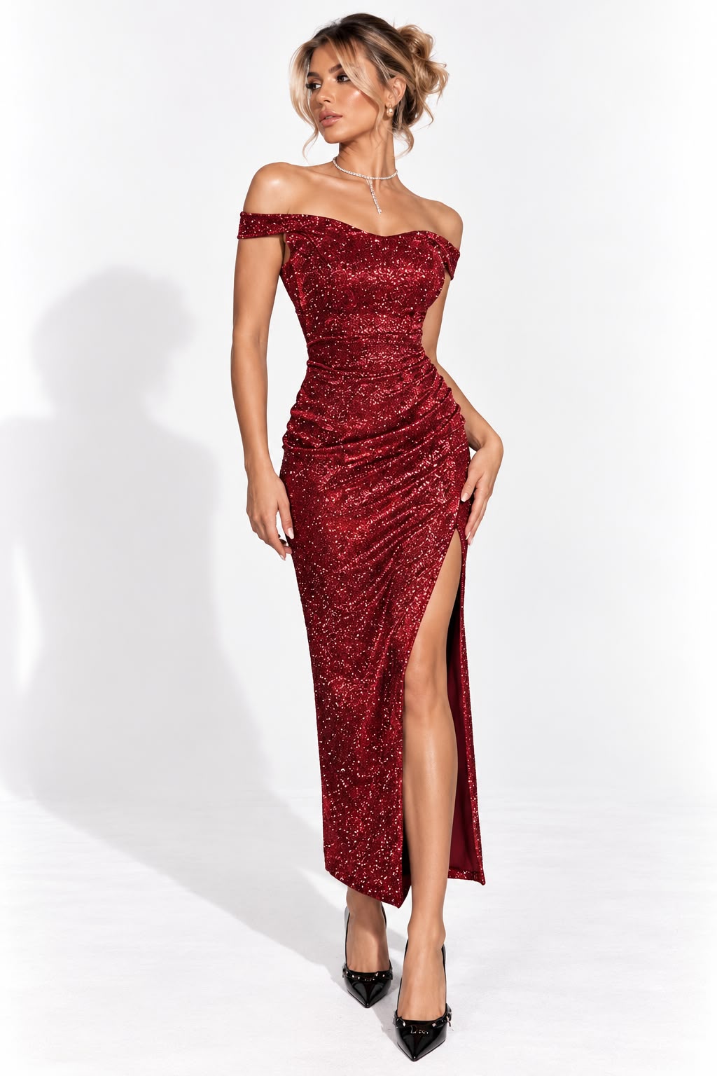 Women's Red Sequin Off-Shoulder Evening Gown
