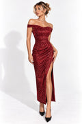 Women's Red Sequin Off-Shoulder Evening Gown