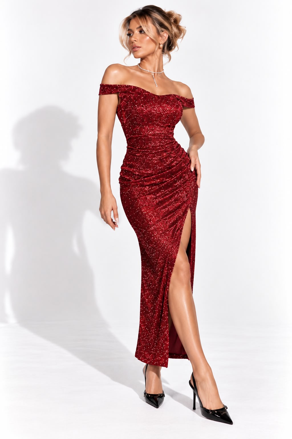 Women's Red Sequin Off-Shoulder Evening Gown