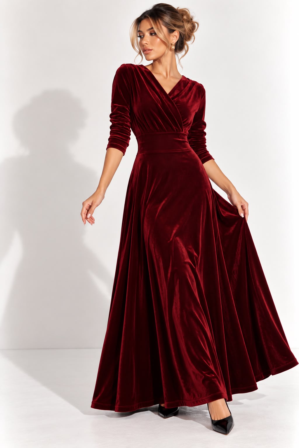 Women's Burgundy Plus Size Velvet Bodycon Maxi Dress