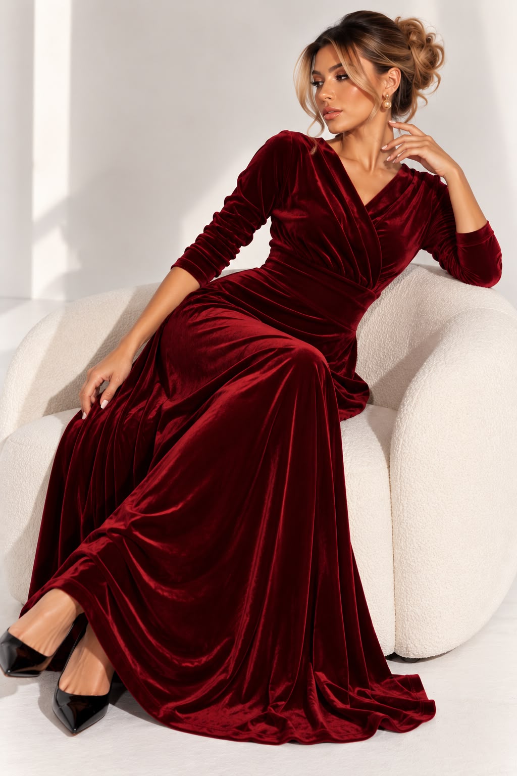 Women's Burgundy Plus Size Velvet Bodycon Maxi Dress