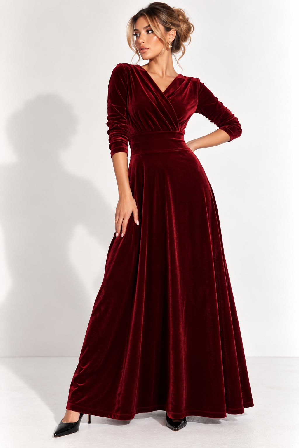 Women's Burgundy Plus Size Velvet Bodycon Maxi Dress