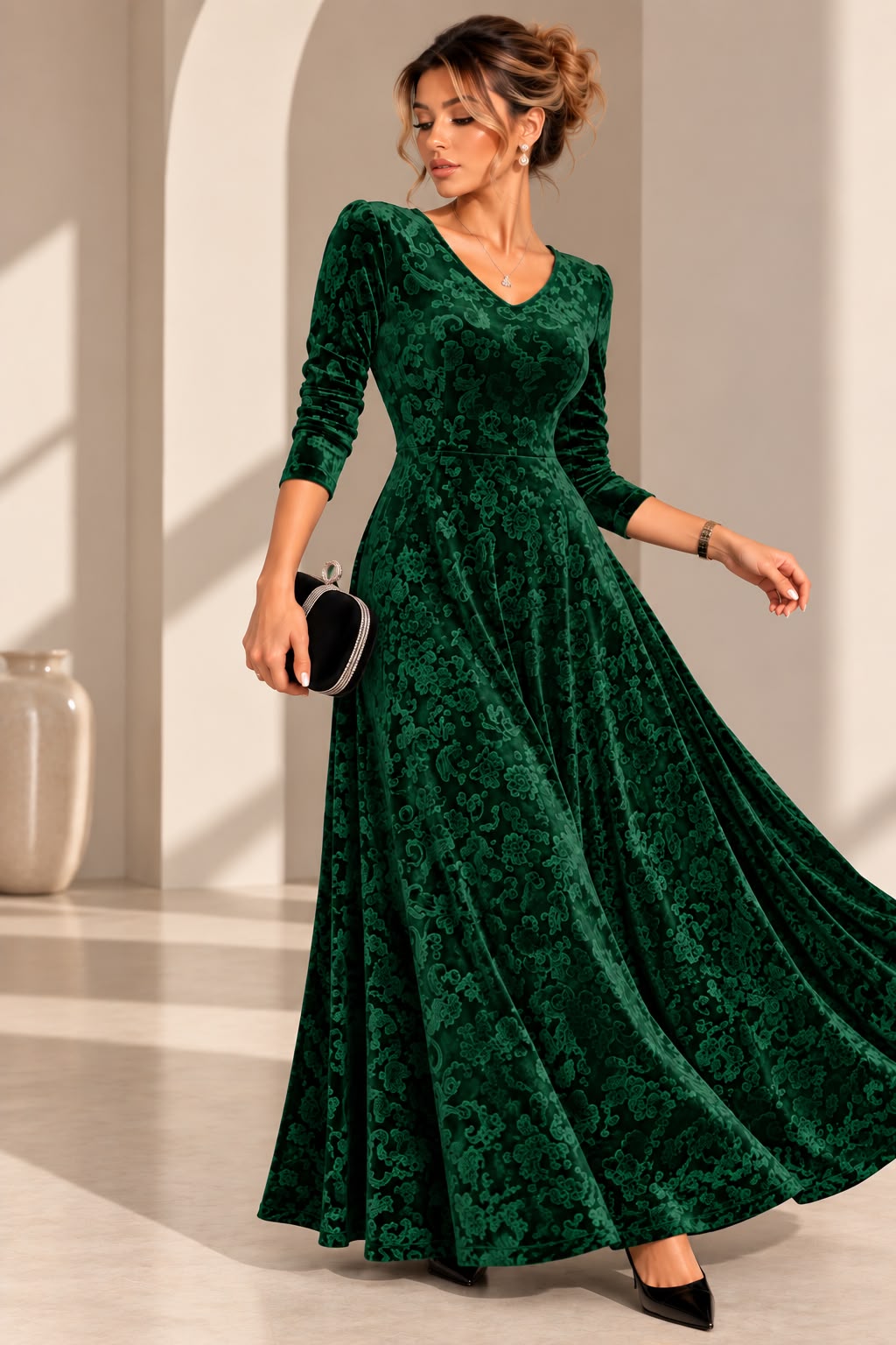 Women's Green Plus Size Velvet Long Sleeve Maxi Dress