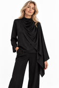 Women's Black Draped Asymmetric Long-Sleeve Top