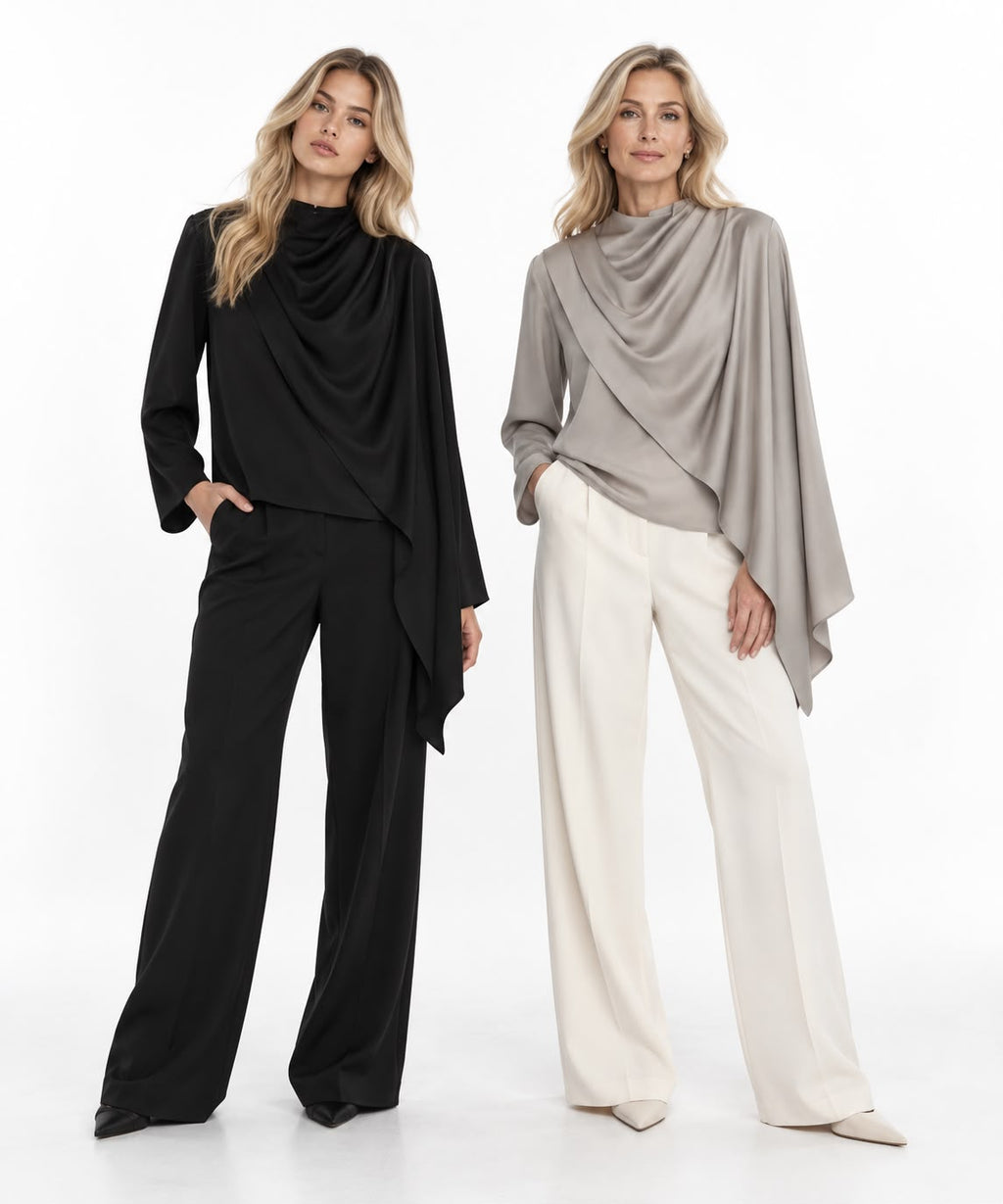 Women's Black Draped Asymmetric Long-Sleeve Top