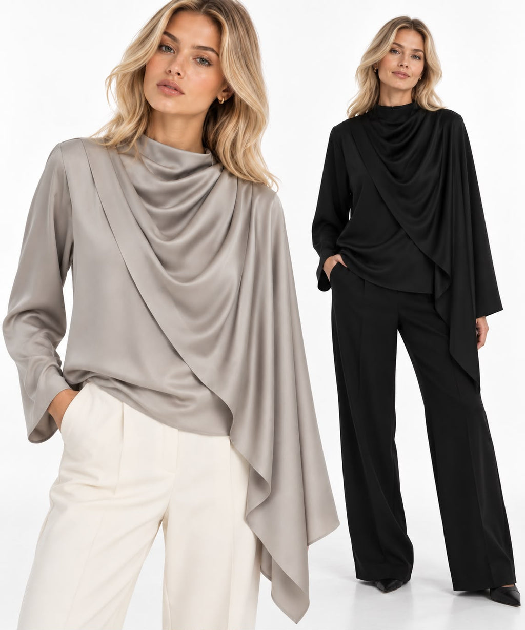 Women's Black Draped Asymmetric Long-Sleeve Top